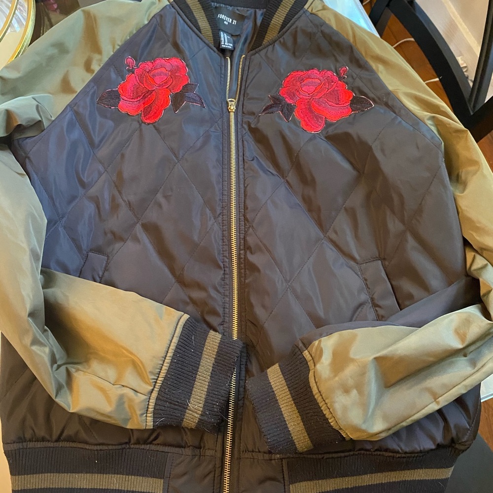 Forever 21 bomber with rose patch xl